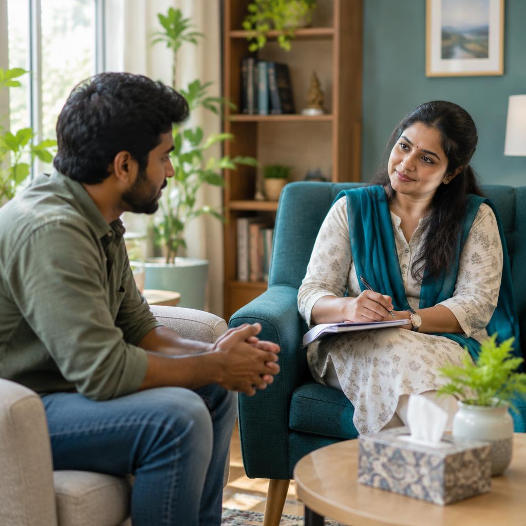 A counsellor listening supportively during a one-on-one session