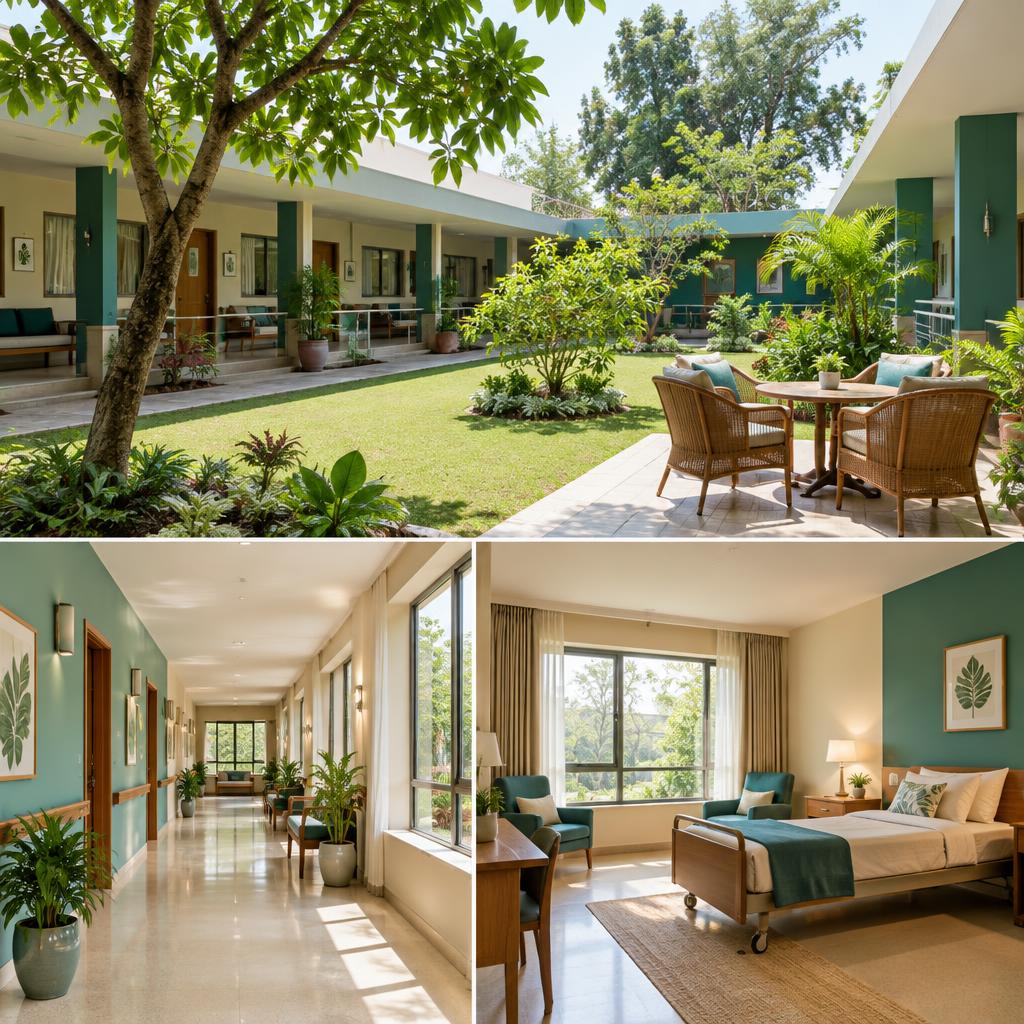Courtyard, corridor and a comfortable bedroom at the centre