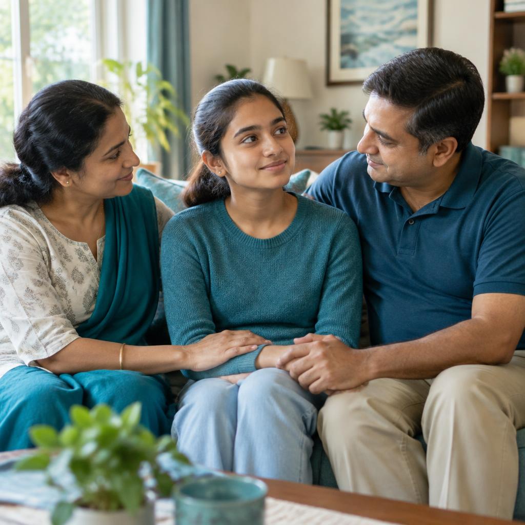 Family members holding hands in a supportive conversation at home